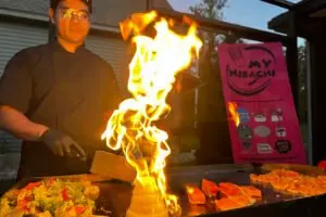 Hibachi private chef with fun tricks and flame