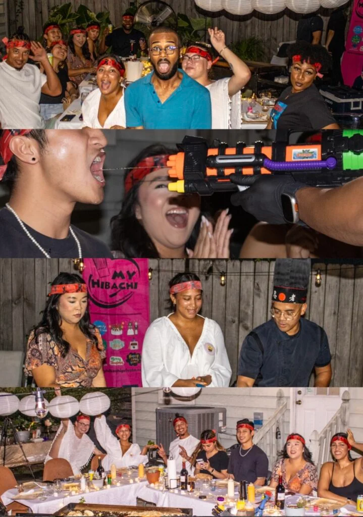 Guests enjoying a lively private Hibachi party, with people cheering and participating in fun activities, including a playful moment involving a toy squirt gun